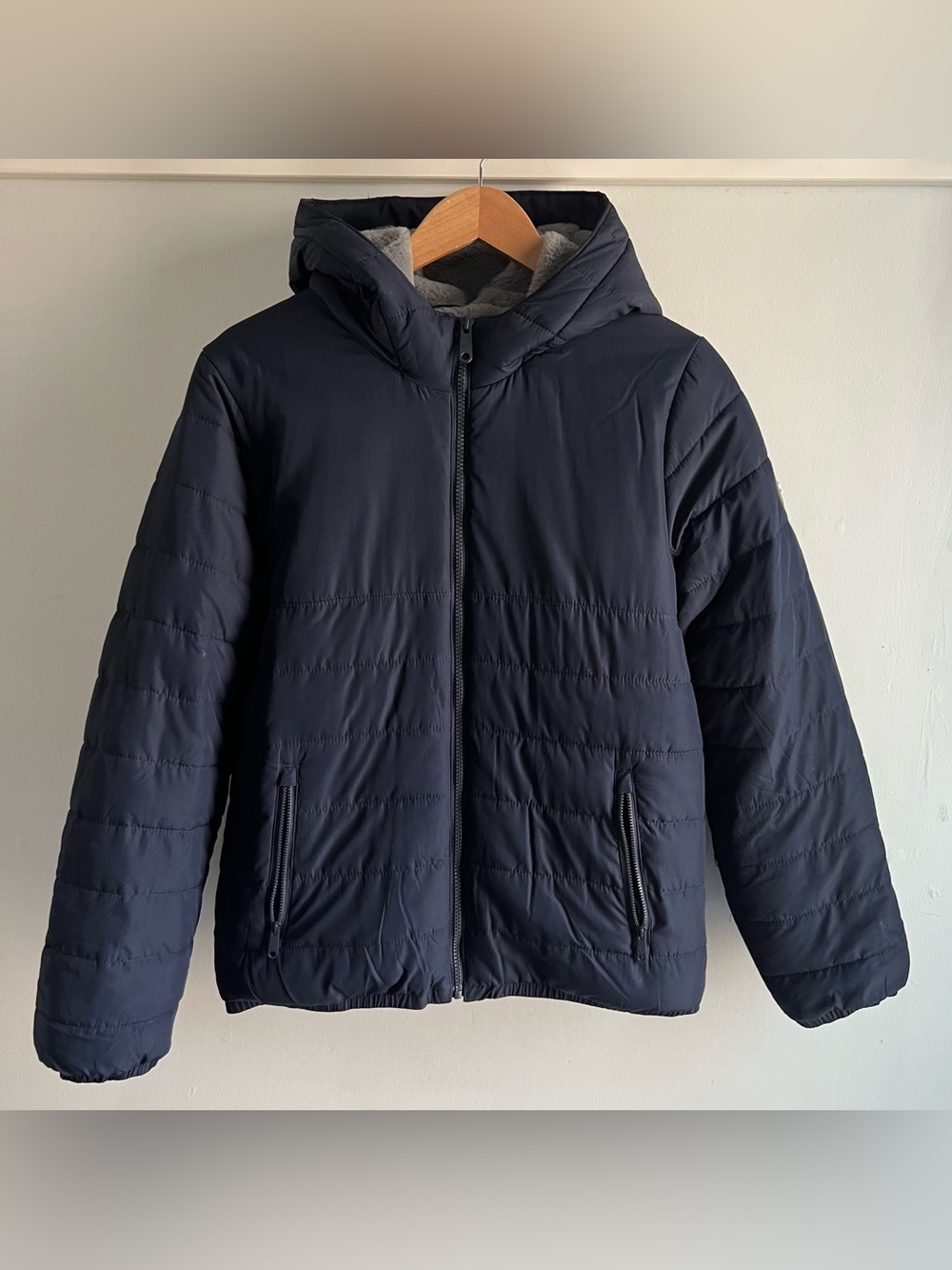 Abercrombie & Fitch Kids Boys Size 15/16 Puffer Jacket Blue Hooded Fauxfur Lined